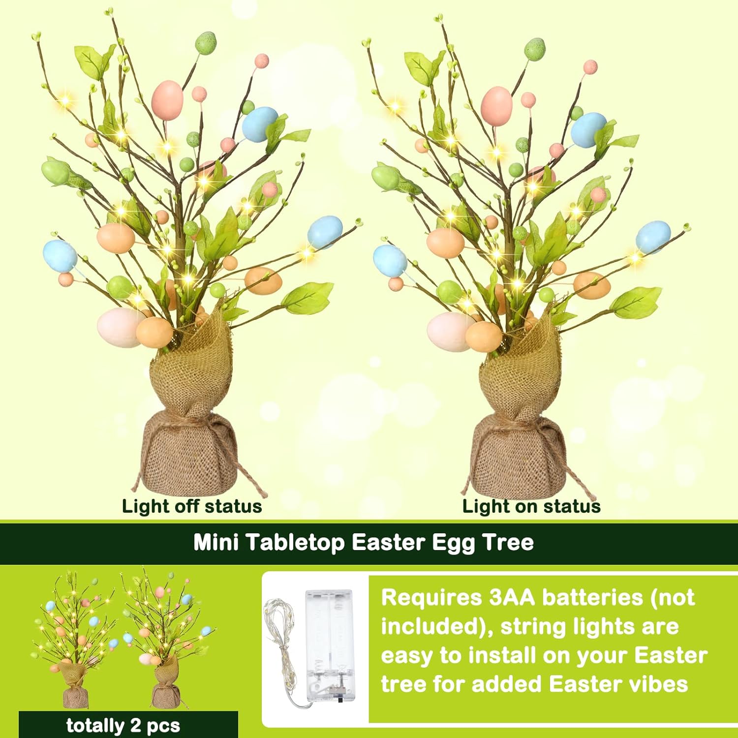 Marsui 2 Pcs Easter Egg Tree Decorations 18 Inch Pre Lit Easter Egg Tree Tabletop Decor with LED Light Spring Party Decoration Gifts for Home Table Centerpieces Pastel Blue Pink Yellow
