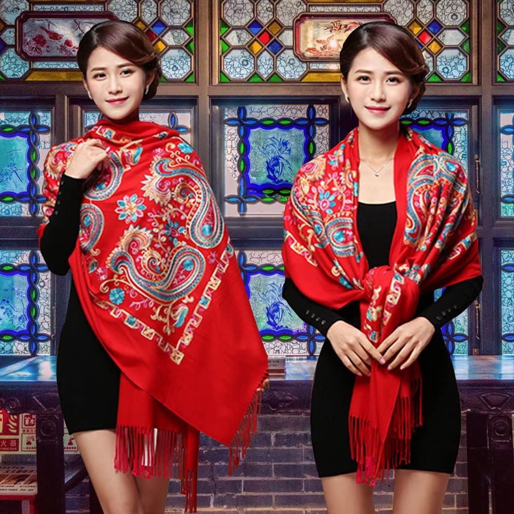Women's Fashion Long Shawl, Classic Tassel Soft Scarf Retro Hand embroidery Large Blanket Wrap Shawl