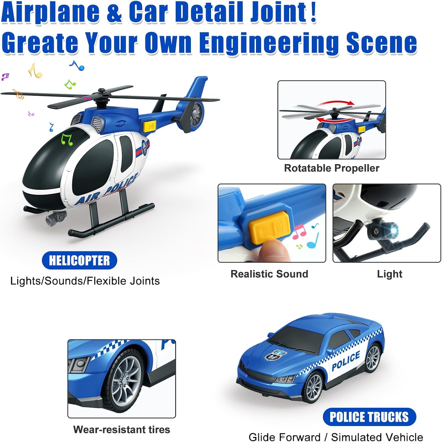 Police Truck Toy 25.6" Large Semi Truck with Racing Car and Helicopter, Kids Police Car Toys with Light & Sound, Play Vehicles Cars Toys Birthday Gift for Toddler Boys Age 3 4 5 6