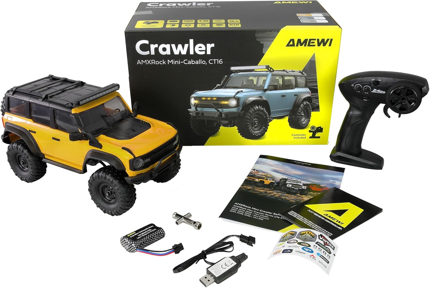 Amewi AMXRock Mini Caballo Scale Crawler 4WD 1:16 RTR Yellow with Remote Control, Battery, Charging Cable
