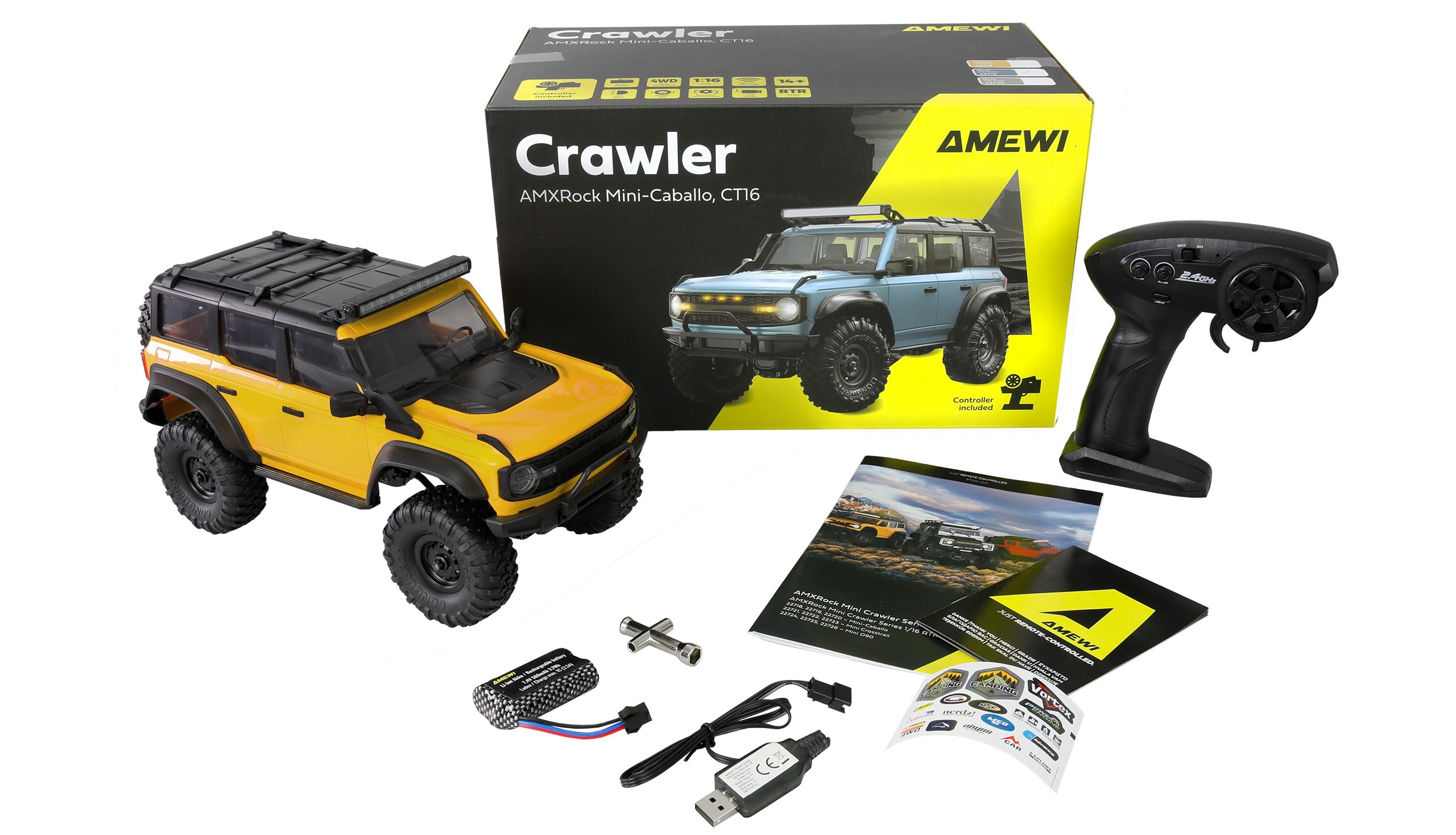 Amewi AMXRock Mini-Caballo Scale Crawler 4WD 1:16 RTR żółty z pilotem zdalnego sterowania, akumulatorem, kablem do ładowania