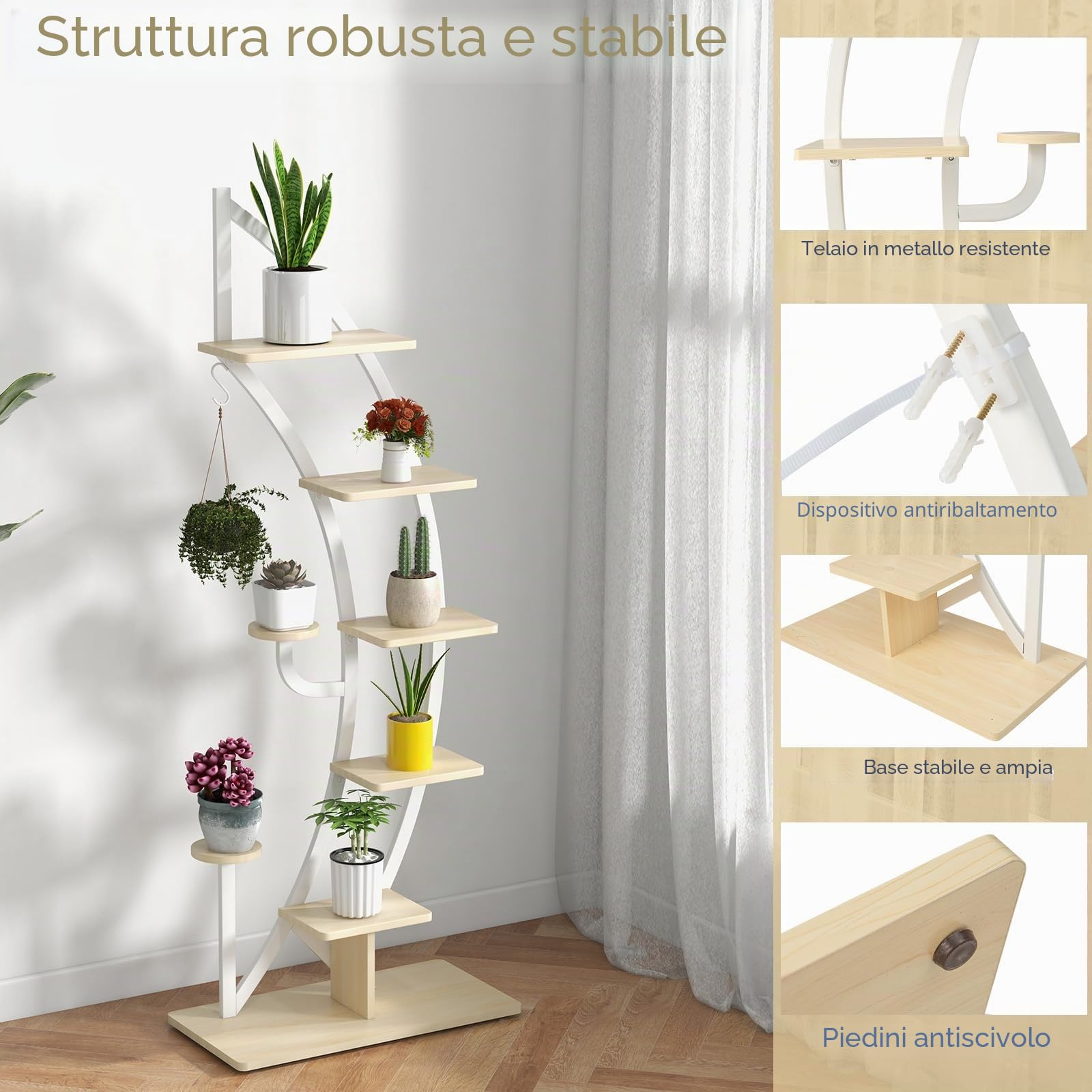 KOMFOTTEU Supporto per piante a 7 livelli, scaffale per fiori in metallo con dispositivo antiribaltamento, supporto per vaso di fiori di mezza luna, interno ed esterno, 60 x 30 x 155 cm (confezione da