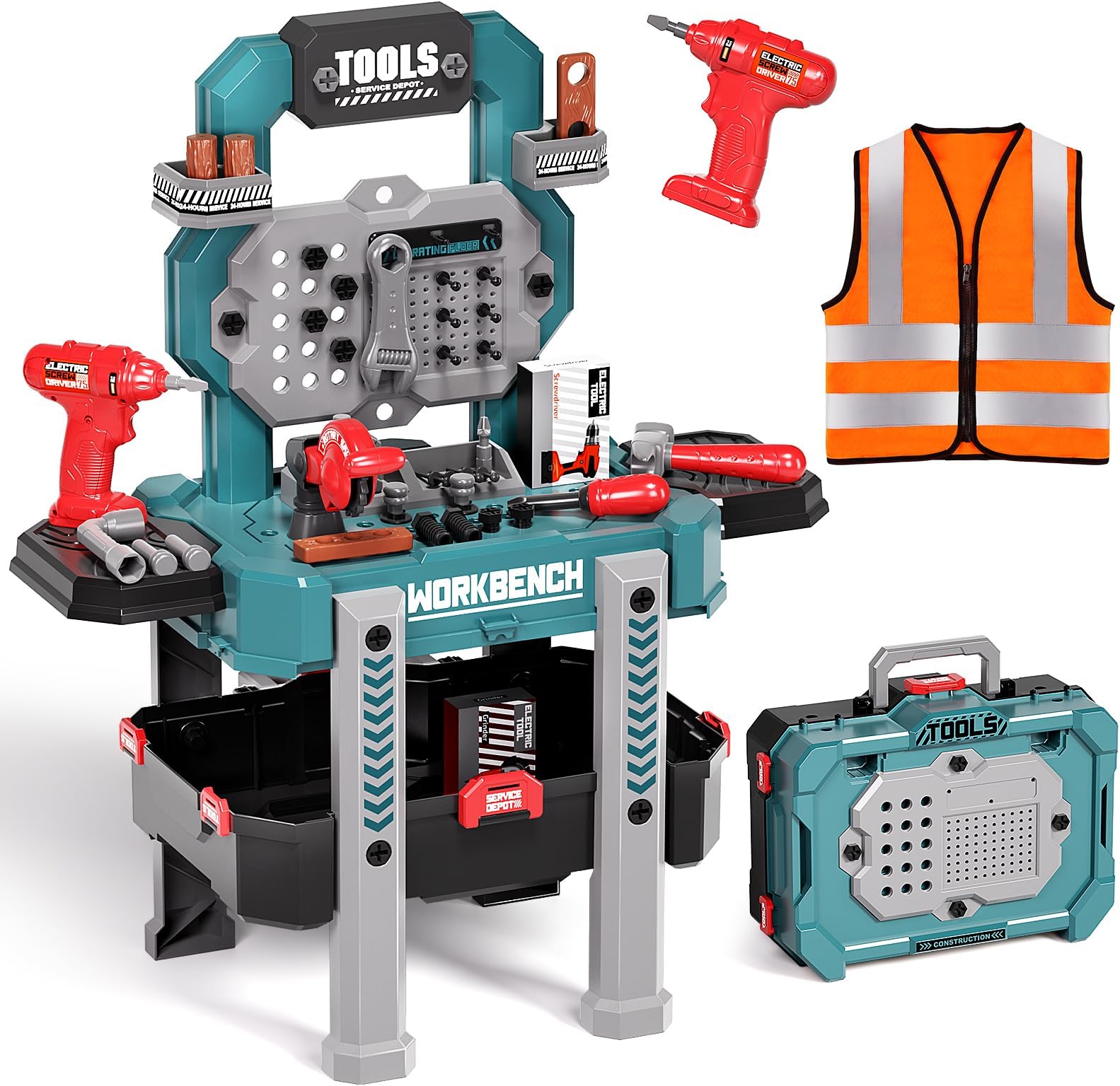 Deejoy Kids Tool Bench with Realistic Tools and Electric Drill, 79 Pcs Realistic Toy Tools with Clothes, Toddler Tool Bench Learning Gift for Boys & Girls Age 3-5 (Green) 32x26.6x14.4 in