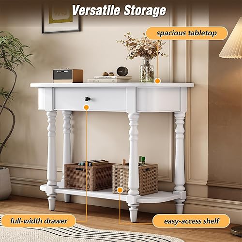 Miniatura 20 de Polibi Mesa consola curvada retro con estante de estilo abierto y 4 cajones superiores, mesa de entrada de media luna de 52 pulgadas de ancho con