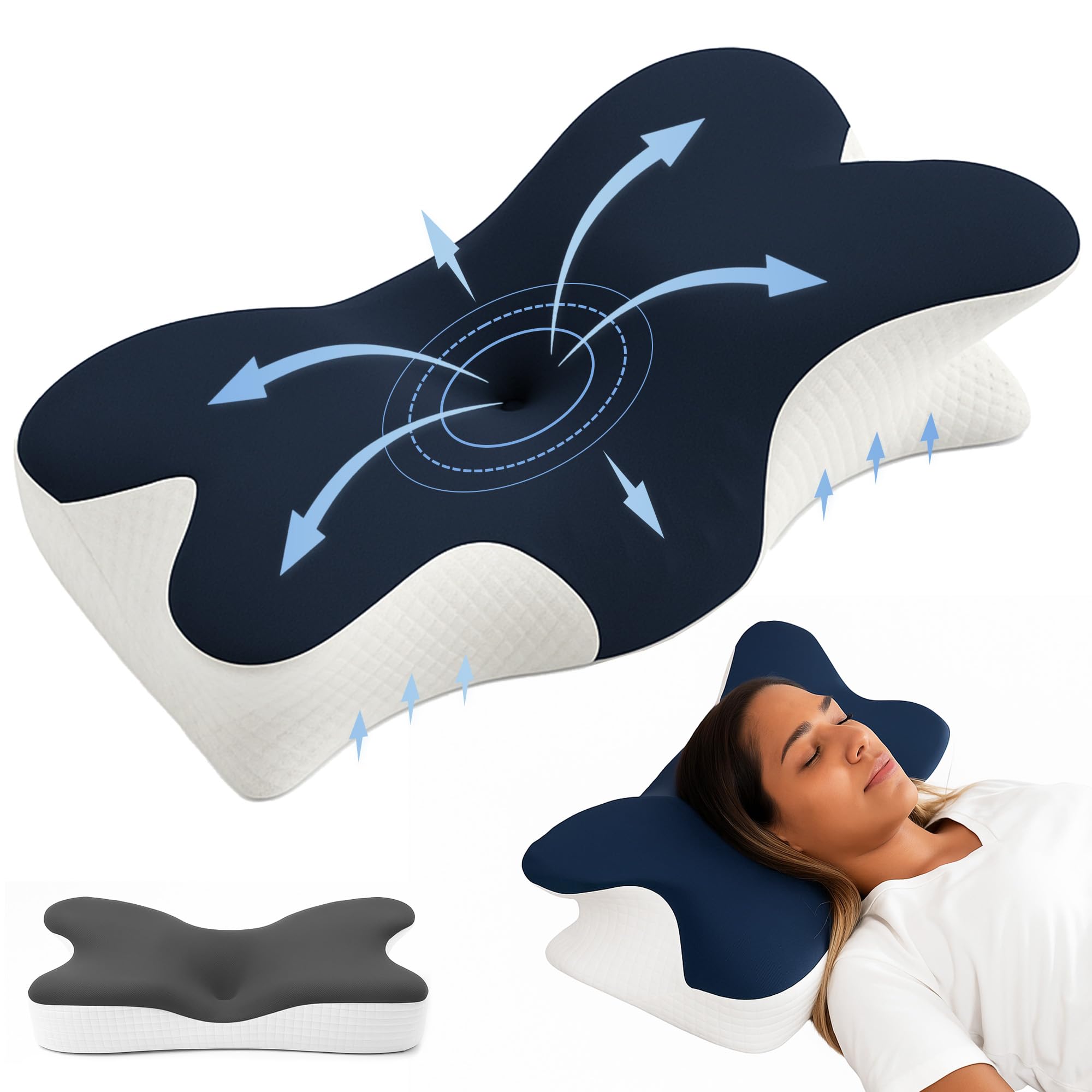 Almohada Cervicales y Cuello, Almohada de Espuma Viscoelastica, Almohada Cervical, Almohada Ergonomica, Almohada Ortopedica, Almohada Antironquidos para Dormir de Lado, Boca Arriba y Boca Abajo