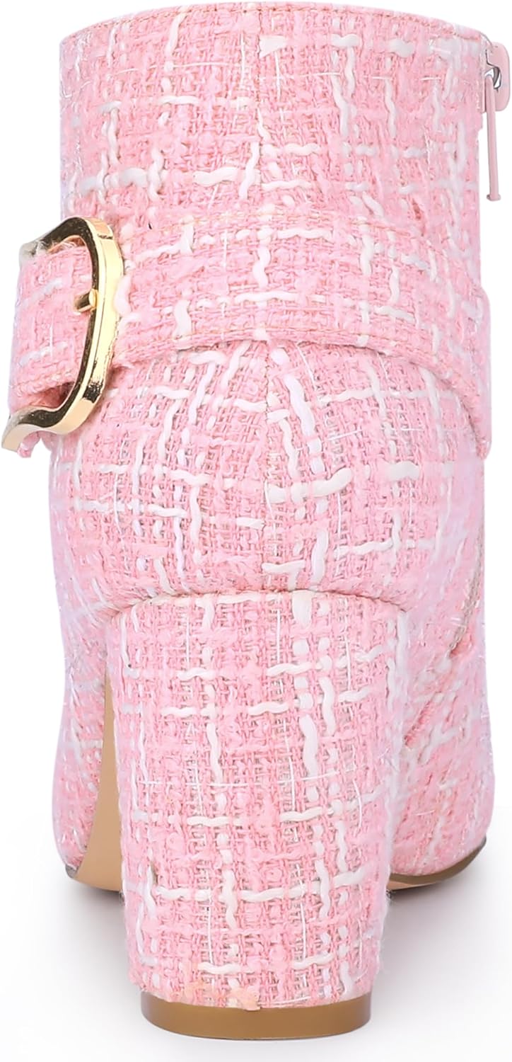 Allegra K Women's Plaid Pointed Toe Chunky Heels Ankle Boots