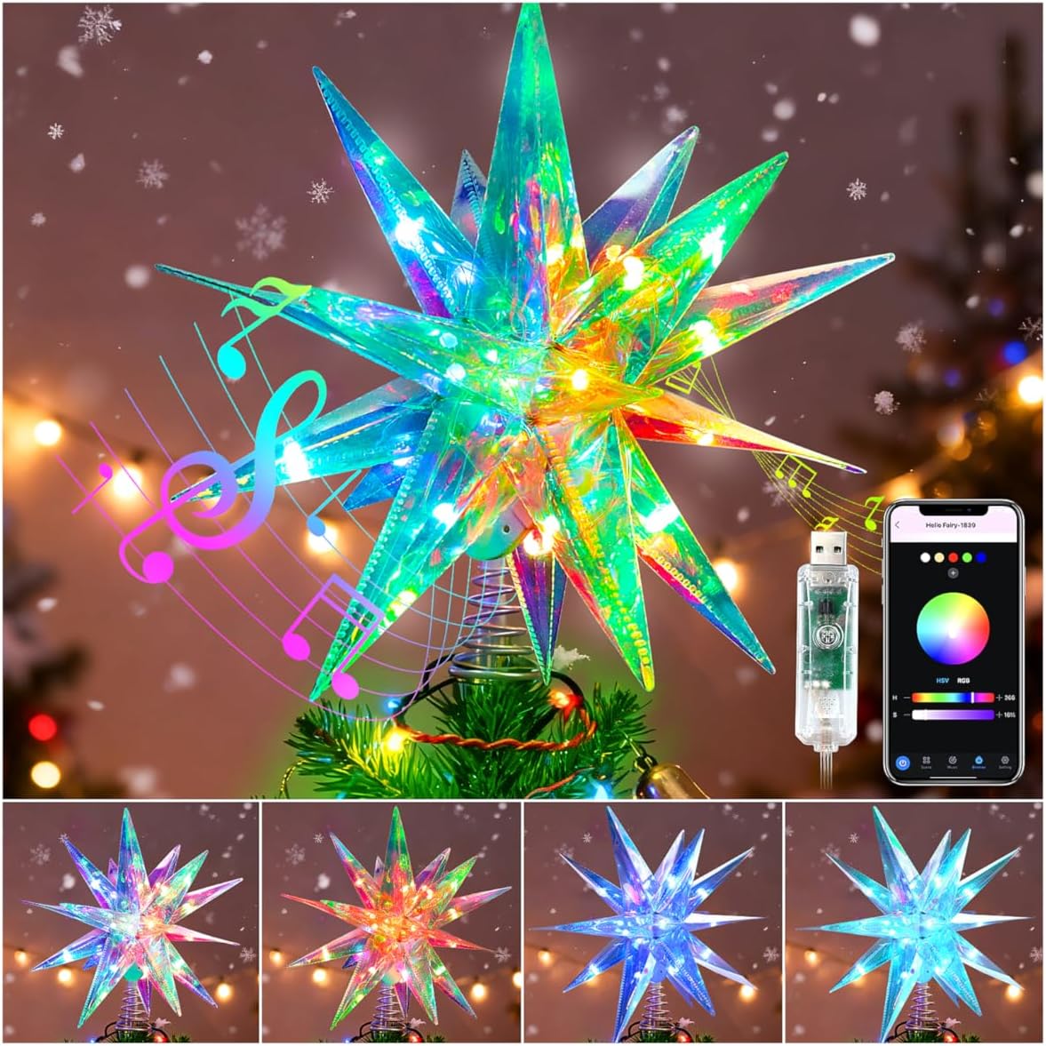 Christmas LED Tree Topper, 13.8" Multi-Color Lighted Christmas Tree Star Topper with Smart APP Control, Music Sync 3D Moravian Star Tree Topper for Outdoor Indoor Xmas Holiday Decor
