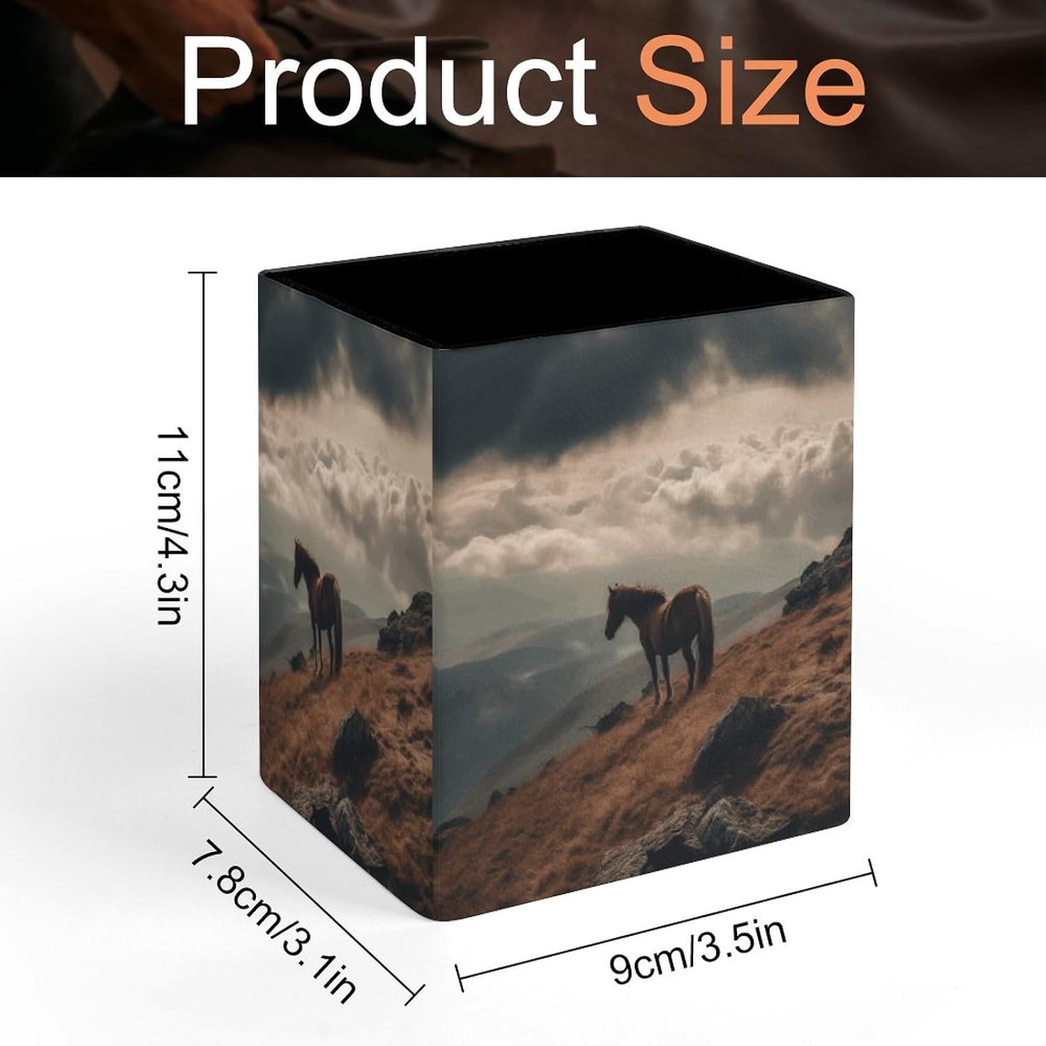 Horse Grazing on The Mountain Leather Pen Holder Desk, Pencil Cup Makeup Brush Holder Desktop Organizer Storage Case Stationery for Home Office Supplies image 2