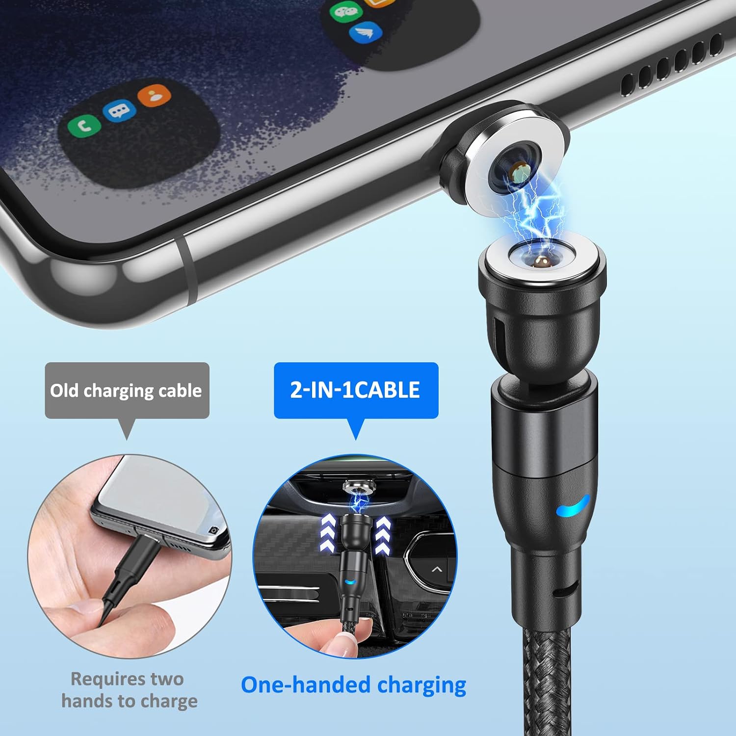 ODDADD Magnetic Charging Cable 6Pack [1.6ft+3.3ft+3.3ft+6.6ft+6.6ft+10ft], 540° Rotating 3In1 Magnet Phone Charger with LED Light Nylon-Braided Cord,Compatible with Android Micro USB A Type C Iphne