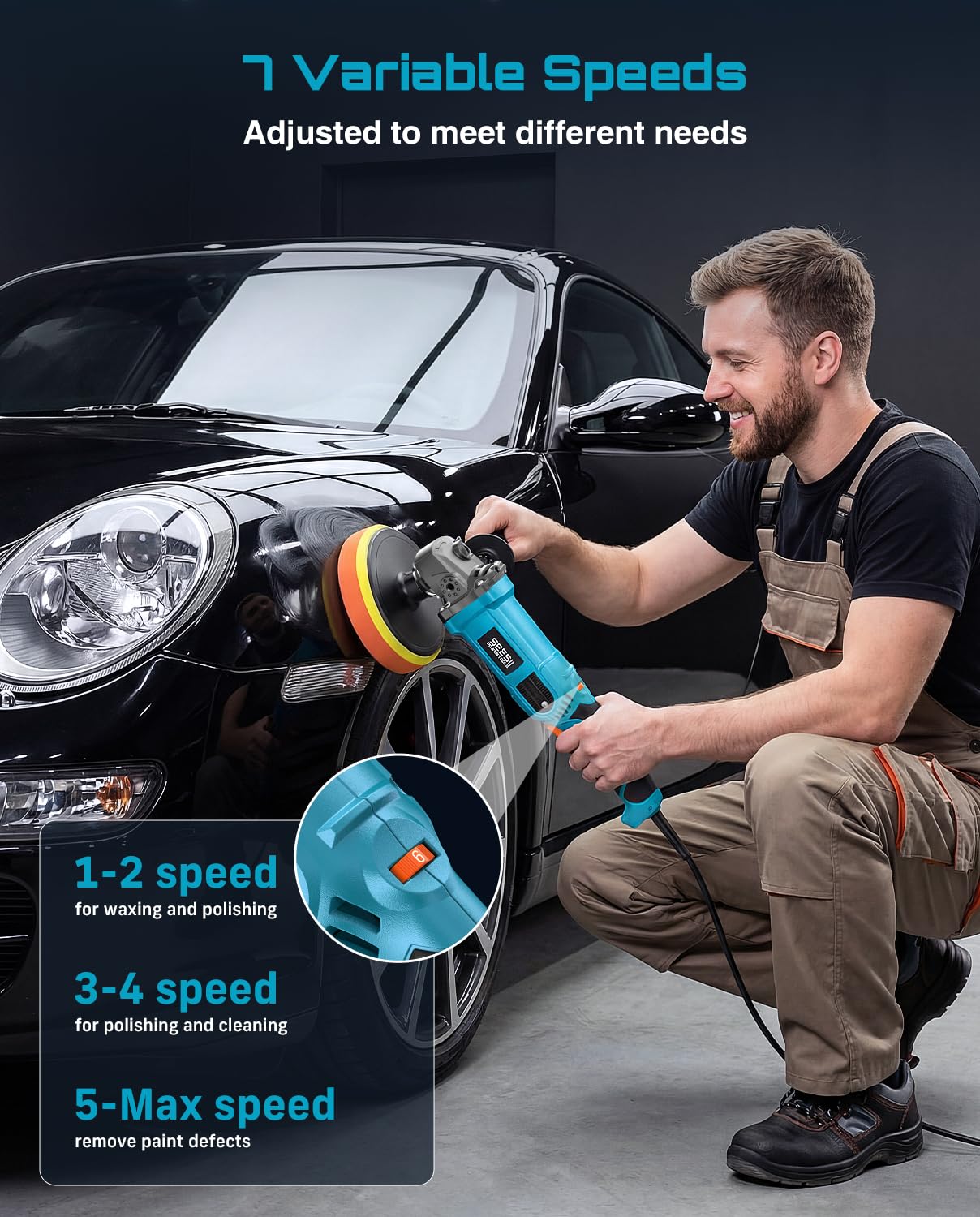 Seesii Lucidatrice per auto 1600 W: 17,8 cm/15,2 cm, lucidatrice rotativa con 7 velocità variabili 2056-3600 giri/min, motore in rame puro, maniglie staccabili per auto, barca, dettaglio, lucidatura e