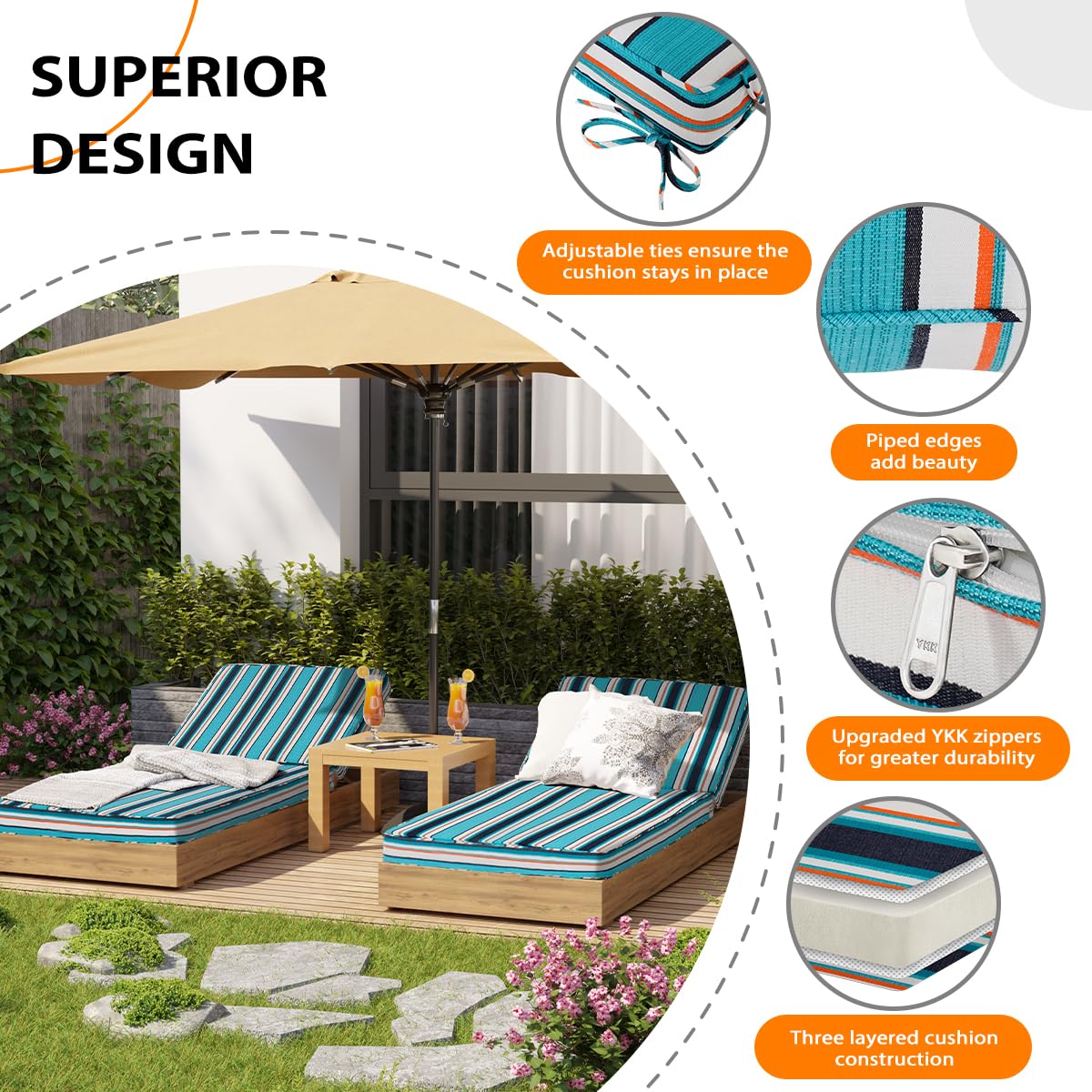 Sunbrella Token Surfside - Cojín para tumbona de acrílico para patio, resistente al agua con correas, 80 x 26 x 4 pulgadas, Token Surfside 3