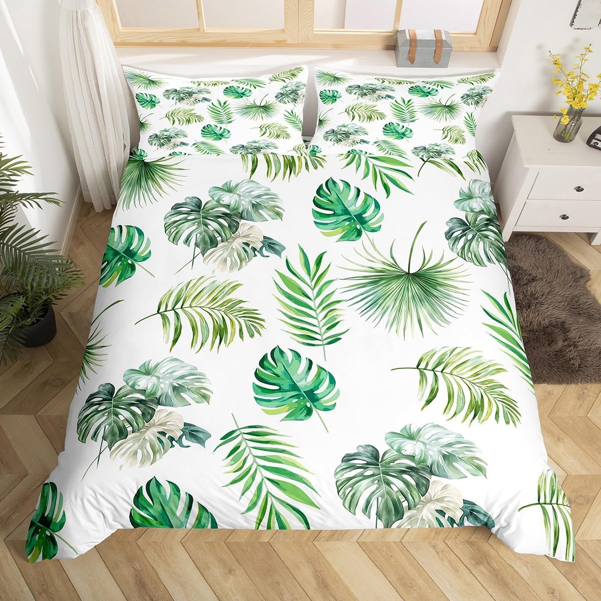 jejeloiu Kids Tropical Plants Bedding Set Toddler Size Green Palm Leaves Rainforest Style Duvet Cover for Boys Girls Tropical Comforter Cover,No Comforter