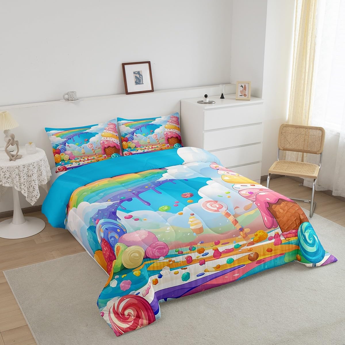 Castle Fairy Colorful Candy Bedding Set Queen Size Ice Cream Dessert Comforter Set for Girls Room Decor Cartoon Rainbow Clouds Down Comforter Cute Sweet Food Quilt Set with 2 Pillowcases