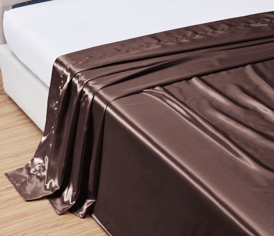 Grand Linen 4-Piece Queen Size, Solid Coffee Brown Soft Silky Charmeuse Satin Sheet Set - Flat, Fitted and Pillow Cases. Deep Pockets