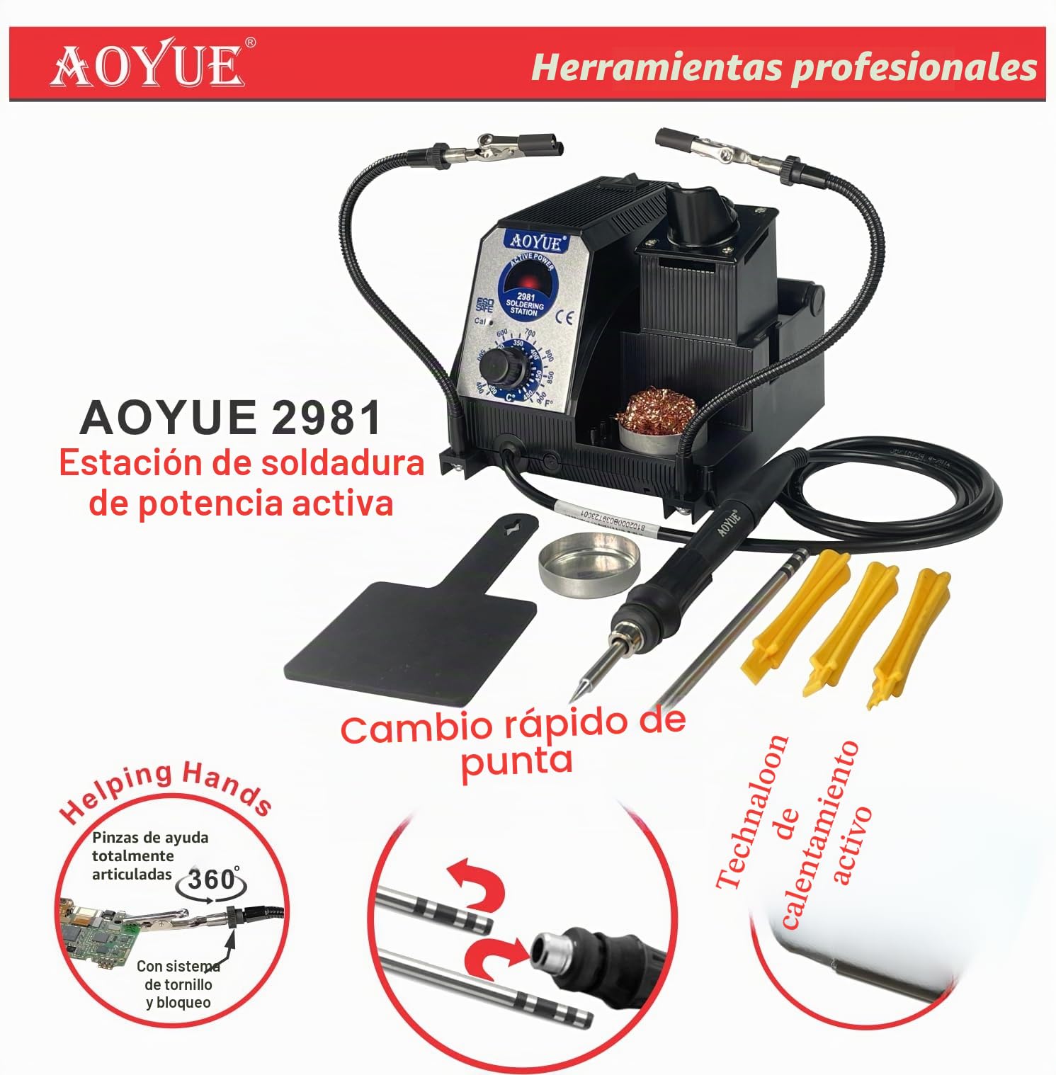 Aoyue 2981 - Kit de estación de soldadura de precisión de calentamiento rápido compatible con puntas de alimentación activas estilo T-12, voltaje seguro de 12 V, limpiador de puntas, soporte de bobina