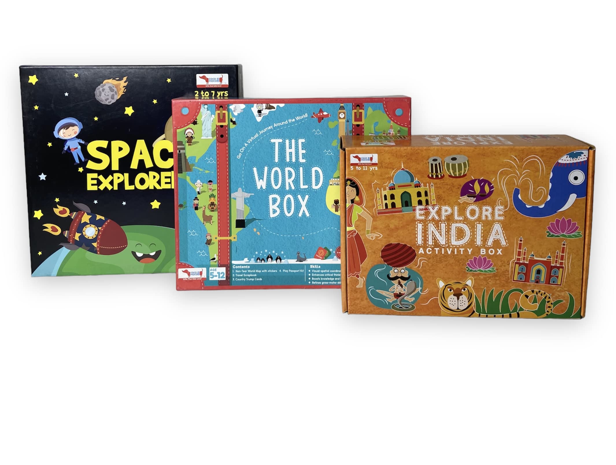 CocoMoco Combo Pack of Three Activity Boxes - World Box, Explore India Box and Space Explorers for 4-11 Year Old Boys and Girls