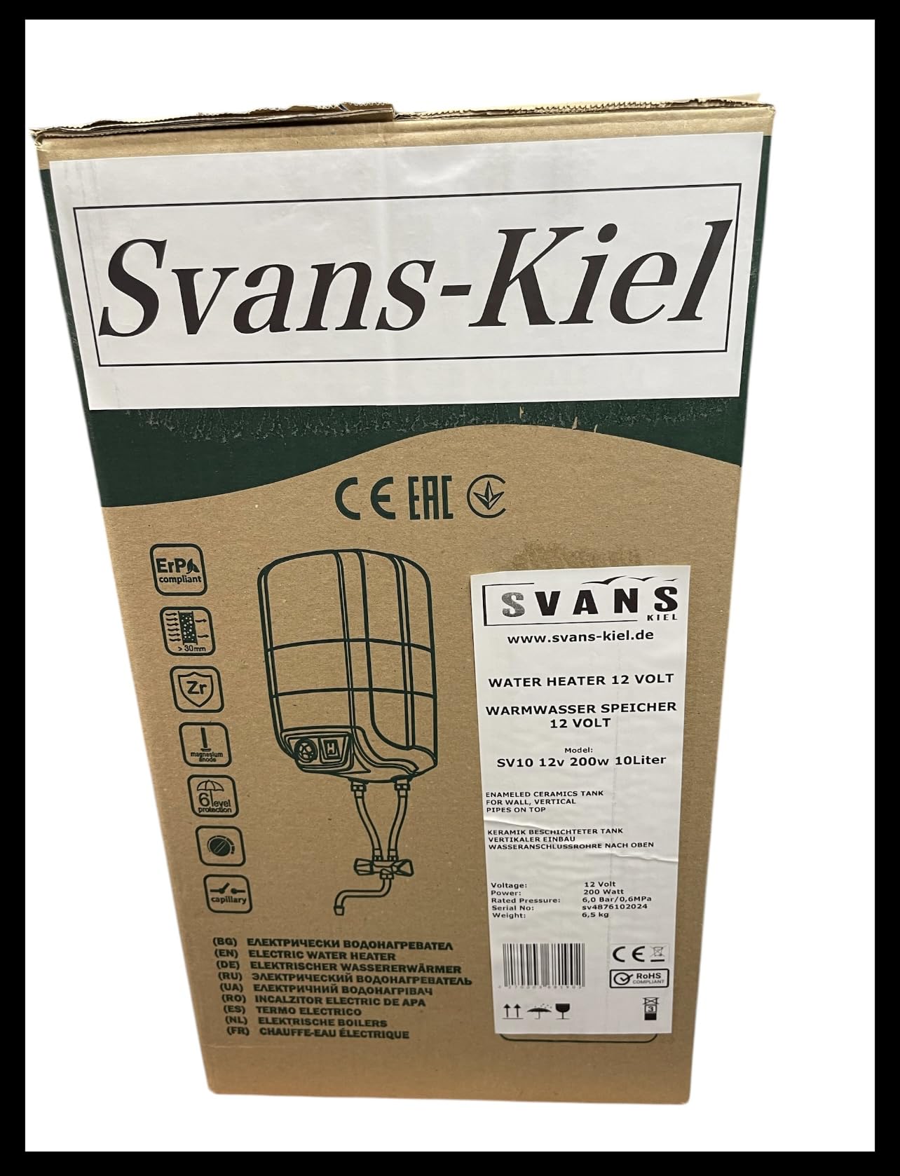 Svans Chaudière 12V 10L Réservoir Eau Chaude Résistant à la Pression SV10 Camping-Car Caravane