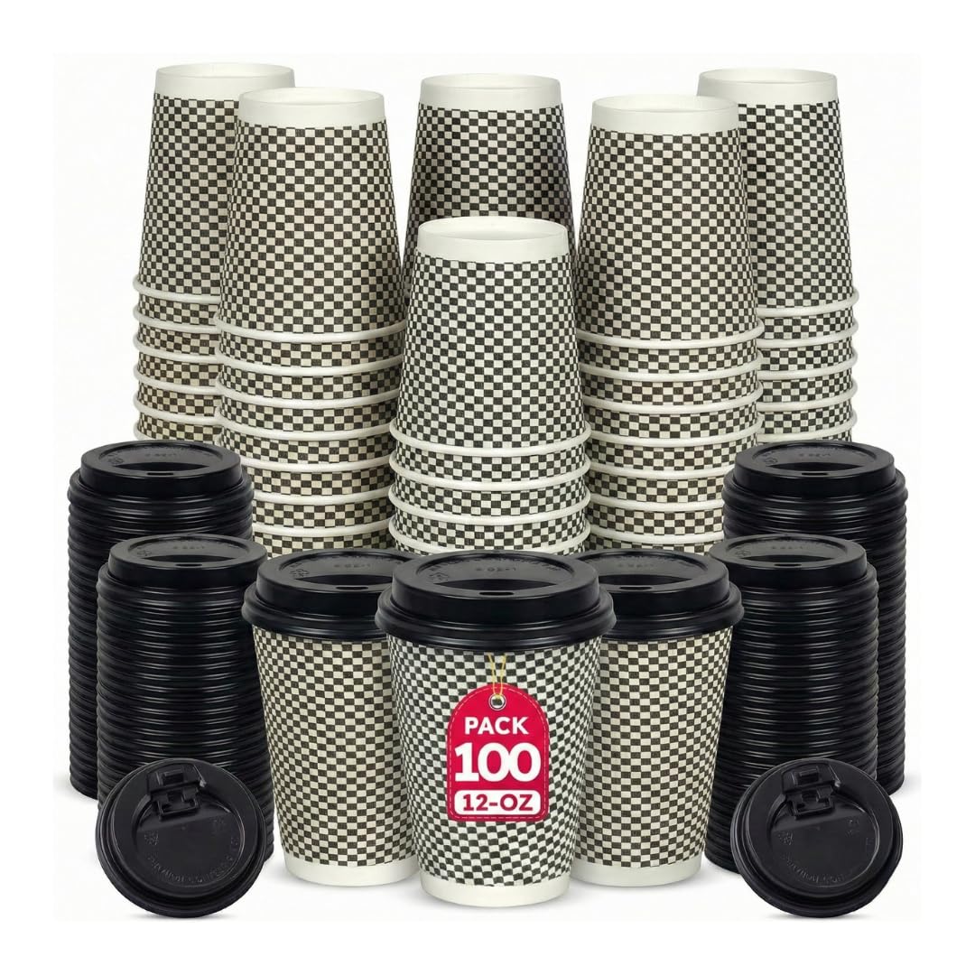 CR Snacking 12oz Disposable Coffee Cups with Lids, Black Ripple, 100 Sets