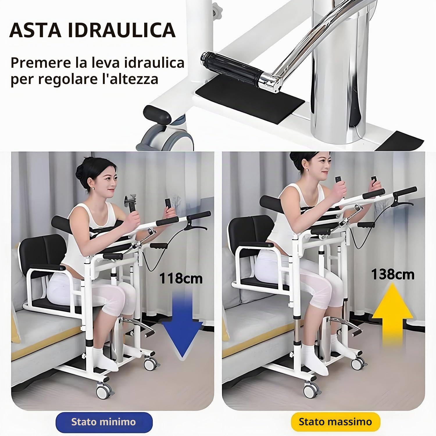 Sollevatore Idraulico per Pazienti con Mobilità Ridotta, Sedia Trasferimento Regolabile in Acciaio,Schienale e Sedile Divisi 180° con Vasino Portatile,Pedale Antiscivolo,Fino a 200 kg Blue