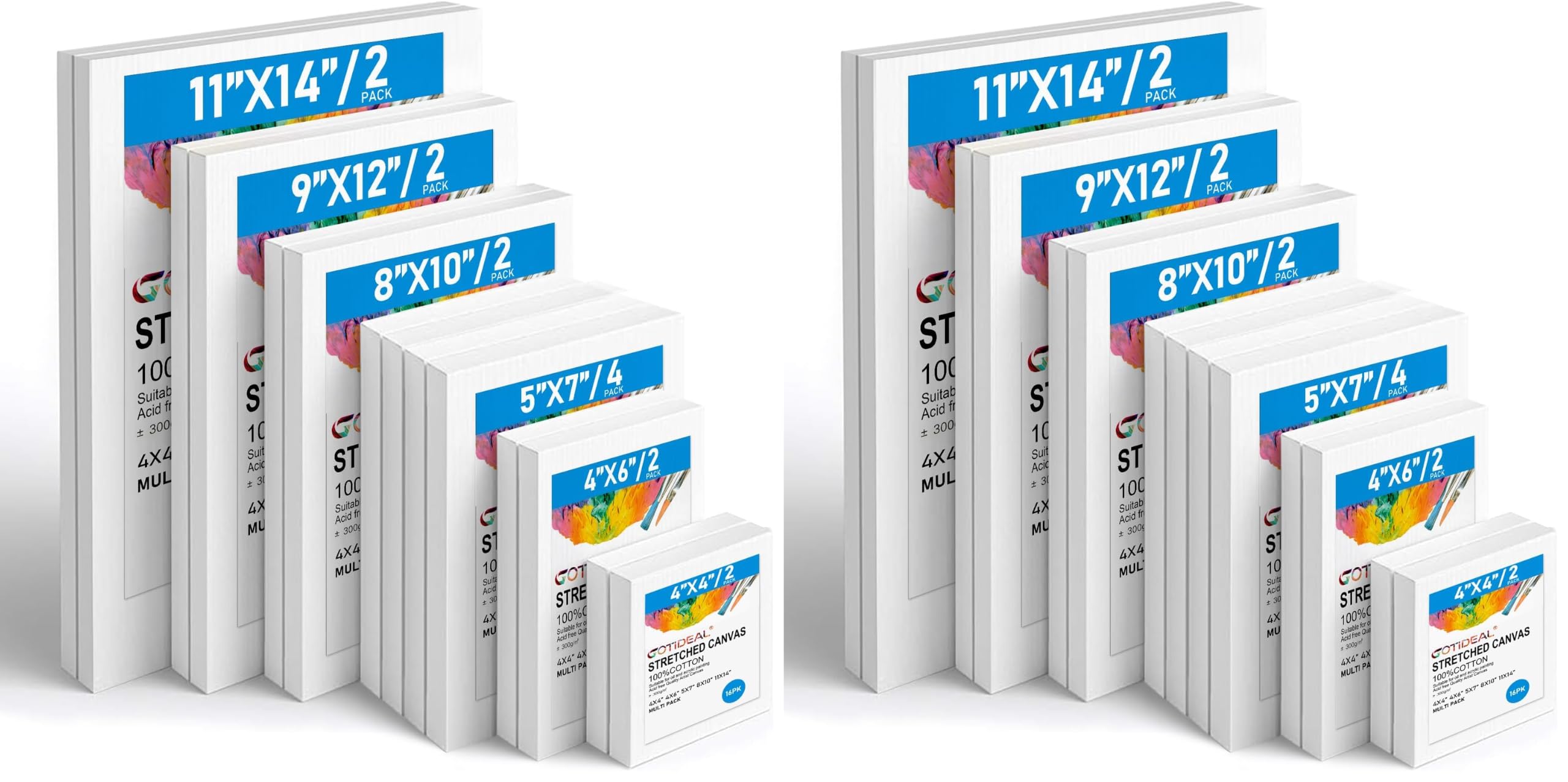 Gotideal Canvas for Painting, 14 Pcs Muti Pack Stretched Painting Canvas, Blank Paint Canvases for Acrylic, Oil, Art Supplies for Artists, Adults 4x4,4x6, 5x7, 8x10,9x12, 11x14 Set of 14 (Pack of 2)