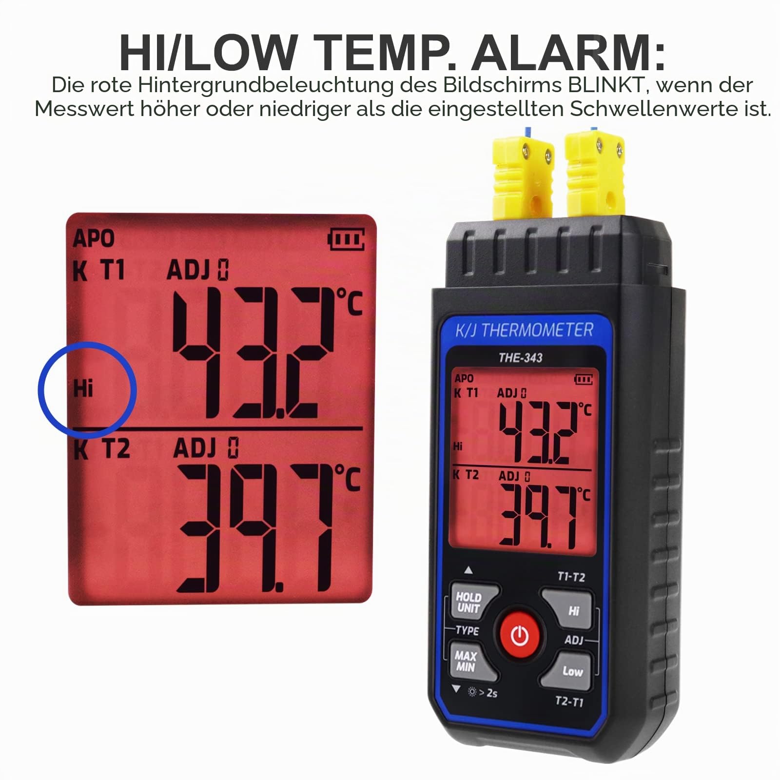 Digitales K-Typ-Thermometer Thermoelement-Thermometer -200-1372℃ Dual-Kanäle LED-Hintergrundbeleuchtung ADJ-Kompensation