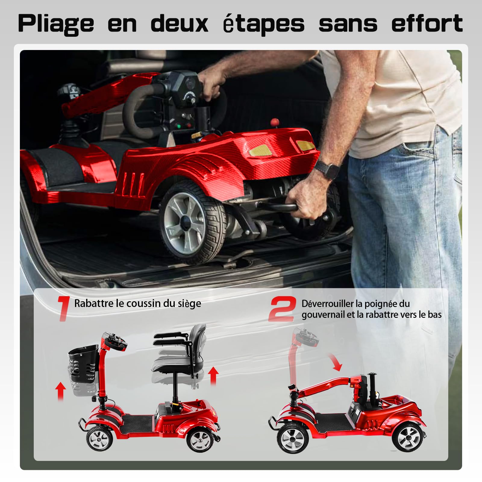 Z02 Véhicule de Mobilité Électrique Pliable et Léger pour Adultes, 4 Roues Trottinette Électrique Adulte avec Siège, Autonomie 20KM, Conçu pour Personnes à Mobilité Réduite et Handicapés (Rouge)
