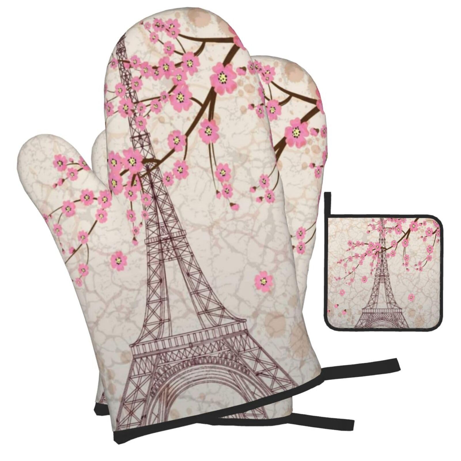 Eiffel Tower Printed Oven Mitts and Pot Holders Heat Resistant Set of 3 Pcs, Modern Kitchen Gloves & Potholders for Cooking Baking Grilling