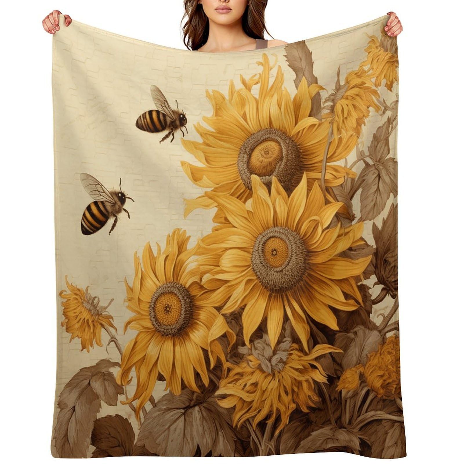 Bees and Sunflowers on Old Paper Throw Blanket for Couch and Bed Super Soft Warm Lightweight Throw Blankets Cozy Fuzzy Flannel Blanket Personalized Decorative Blankets for Sofa Decor 50"x60"