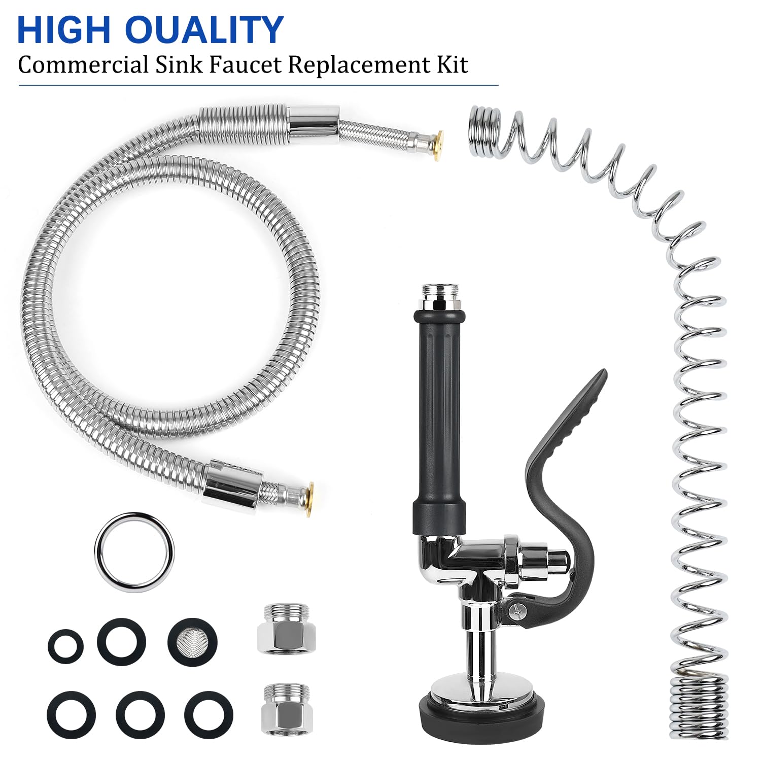 Válvula de pulverización con manguera flexible de acero inoxidable de 44 pulgadas y resorte superior de preenjuague, manguera flexible de grifo comercial con kit de repuesto de cabezal de
