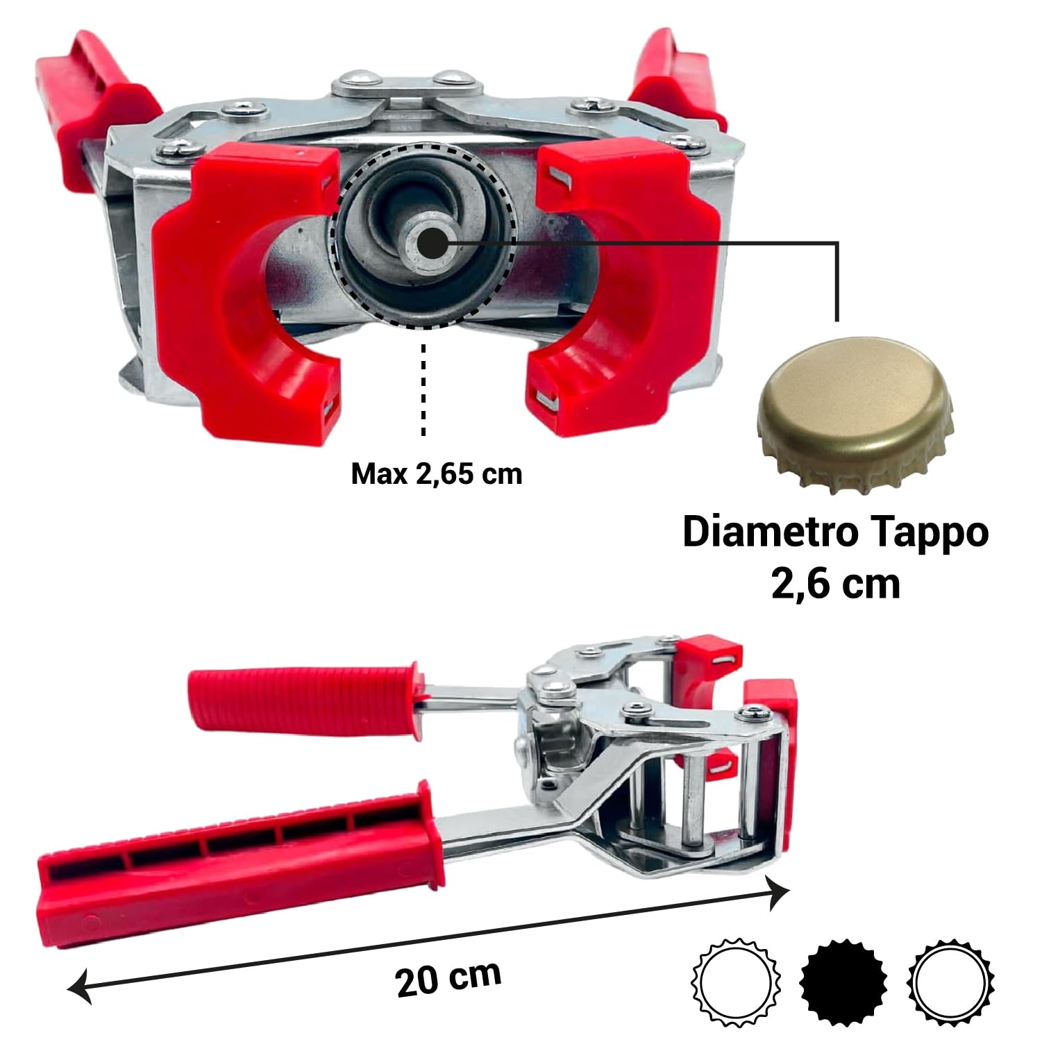 Crisalide® - Tappatrice a Due Leve per Tappi a Corona Ø 26,5 mm, Inclusi 100 Tappi a Corona da Bollitura, Impugnatura Ergonomica per Vino Birra Conserve