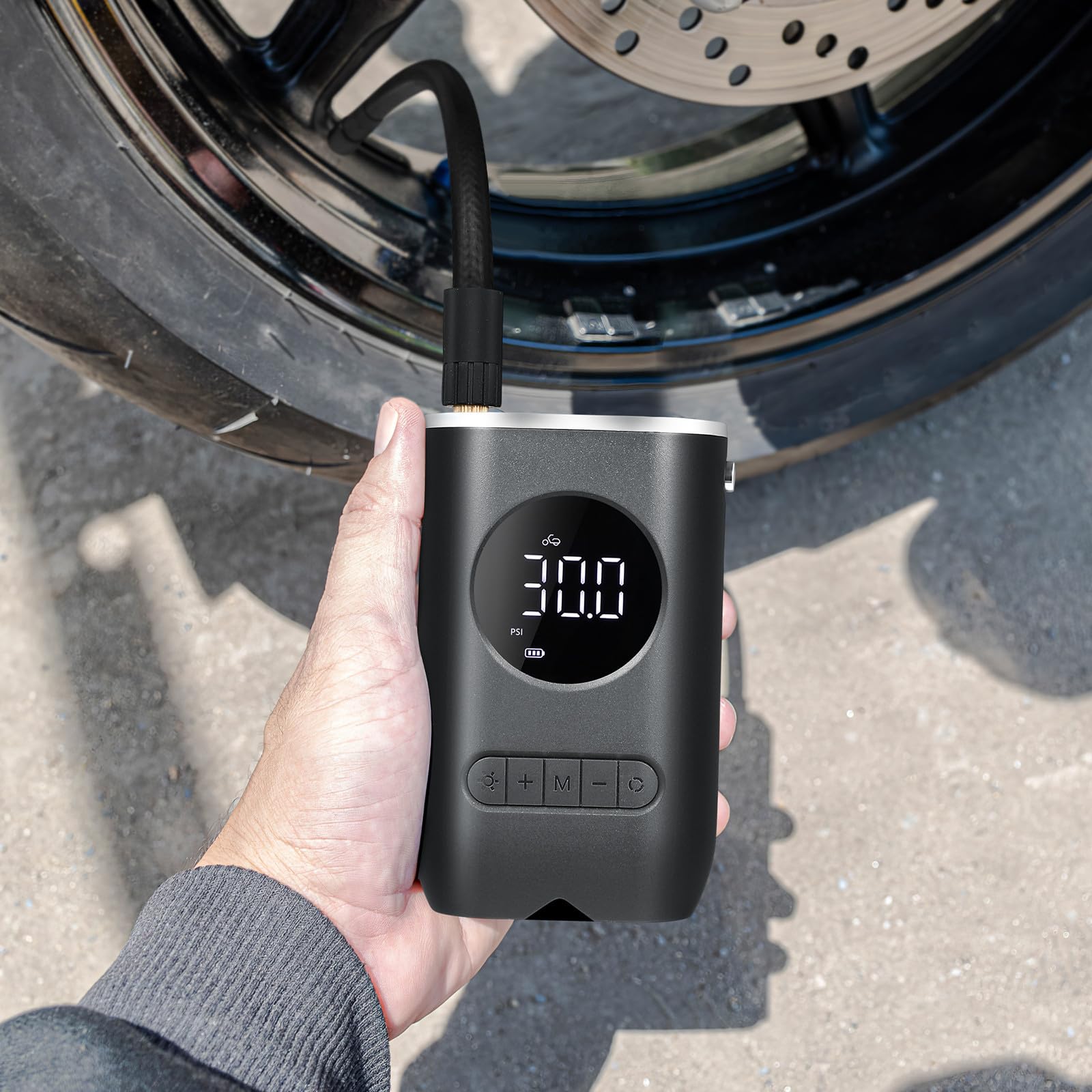ORFOFE Inflador de Neumáticos Portátil para Automóvil y Motocicleta 70w | 4000mah, 7.4v, Negro, Abs Componentes Electrónicos, Led, Boquillas Incluidas y Cable de Alimentación
