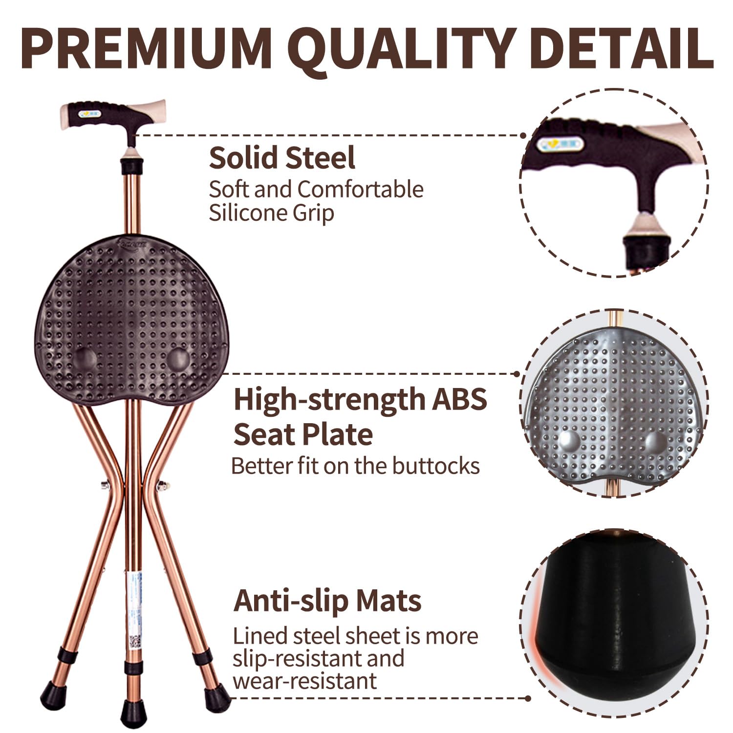 Bastón plegable con asiento, bastón de caminar con asiento, altura regulable, bastón de tres patas, 3 patas, soporta hasta 120 kg, aluminio robusto y ligero, antideslizante
