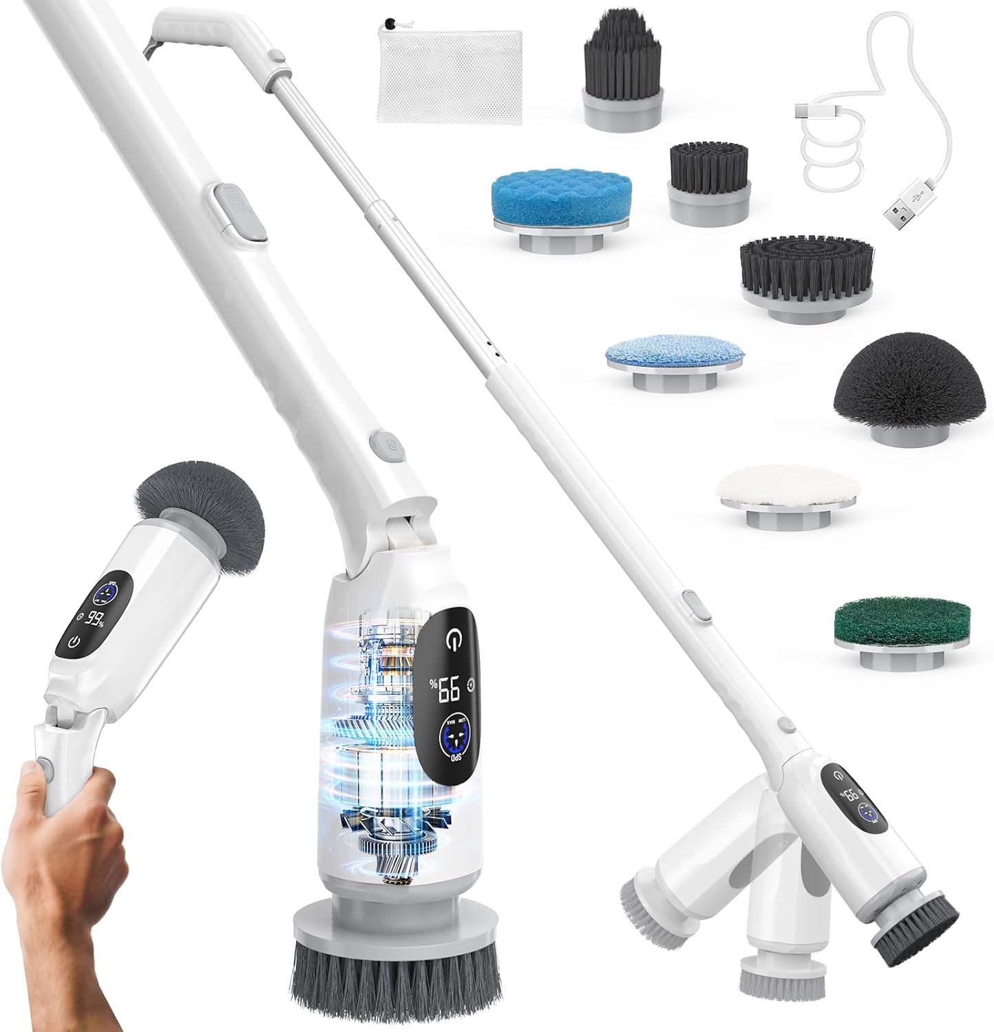 Electric Spin Scrubber, Cordless Cleaning Brush, 3H Work Time, Bathroom Scrubber with LED Display, 3-Speed Extendable Handle, IPX7 Waterproof, 8 Brush Heads for Shower, Tile, Tub, Floor, Toilet, Grout