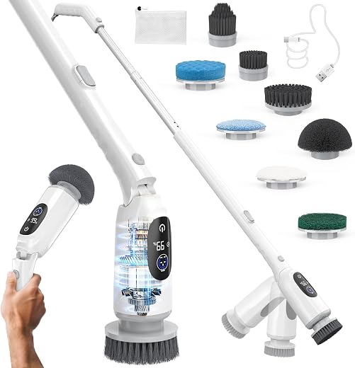 Electric Spin Scrubber, Cordless Cleaning Brush, 3H Work Time, Bathroom Scrubber with LED Display, 3-Speed Extendable Hand...