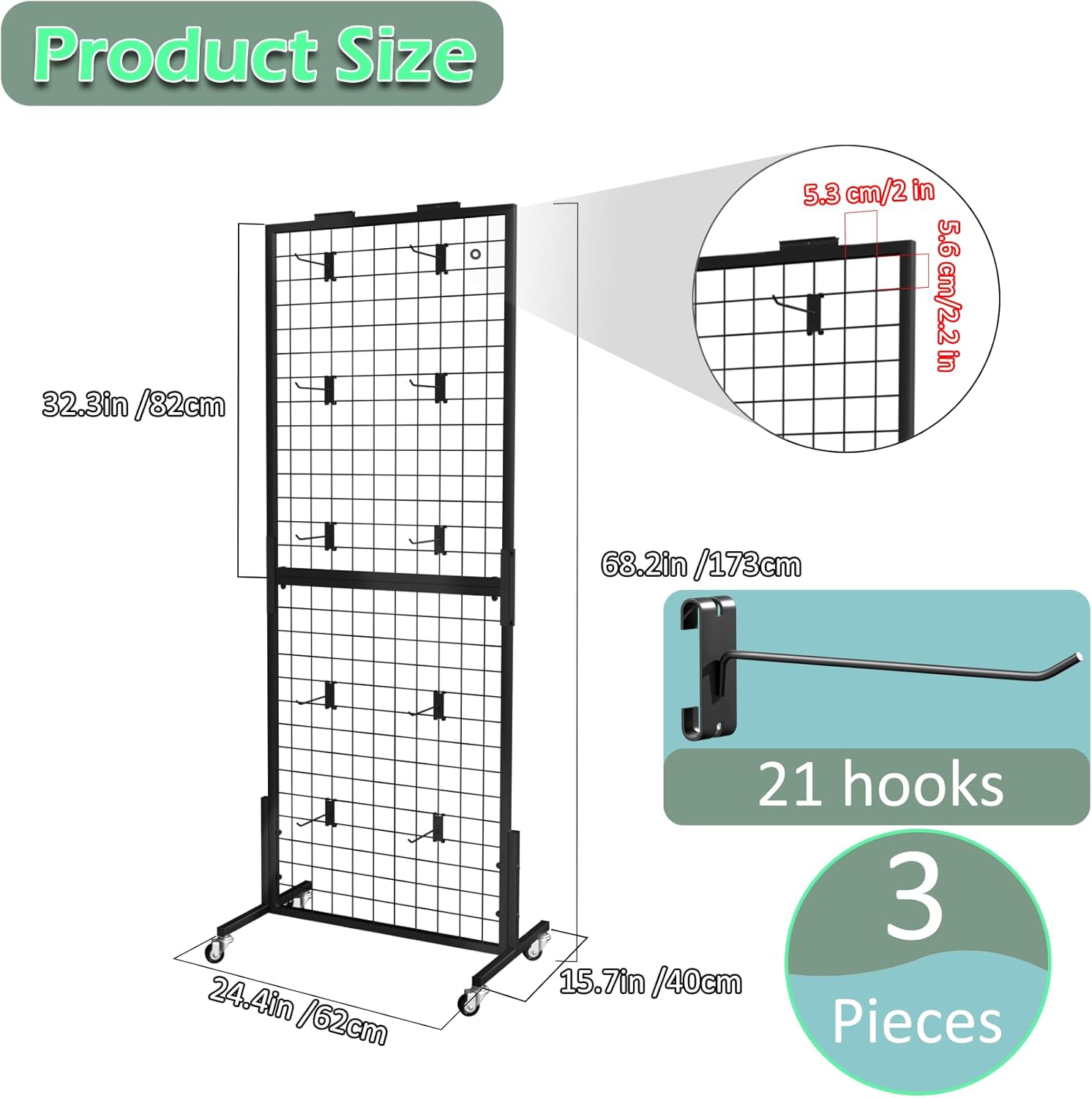 Grid Wall Panels Display Stand - 3pcs with 21 Hooks, 2*5.6ft Display Racks For Vendor Events Art Display Panels Linkable Heavy Duty Floor Standing Movable Retail Display Stand Metal Shelf