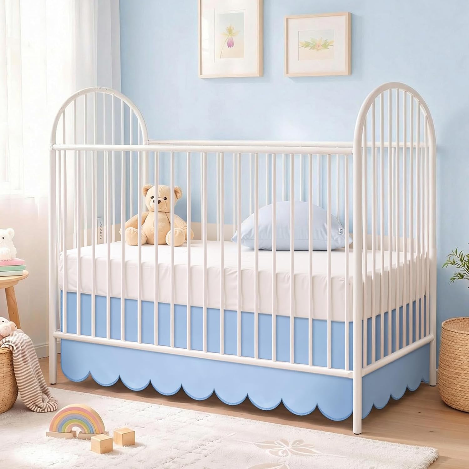 Hahafelt Scalloped Crib Skirt for Baby Girl Nursery, 28"x 52" with 14" Drop, 4-Sided Dust Ruffle, Soft Breathable Fabric, Elegant Nursery Decor, Fits Standard Crib, Blue
