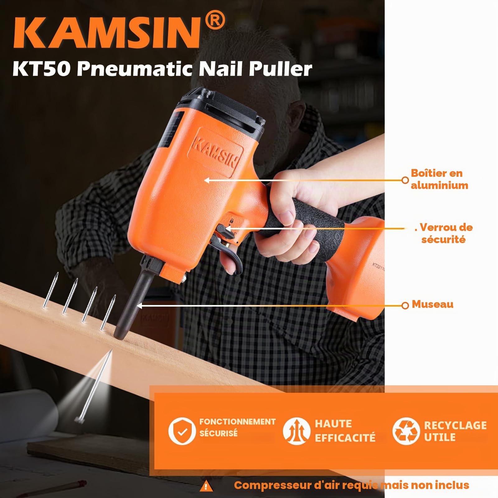 KAMSIN KT50 Pistolet pneumatique d'arrachage de clous à usage intensif avec gâchette de sécurité, cloueur à air comprimé, pistolet d'arrachage de clous.