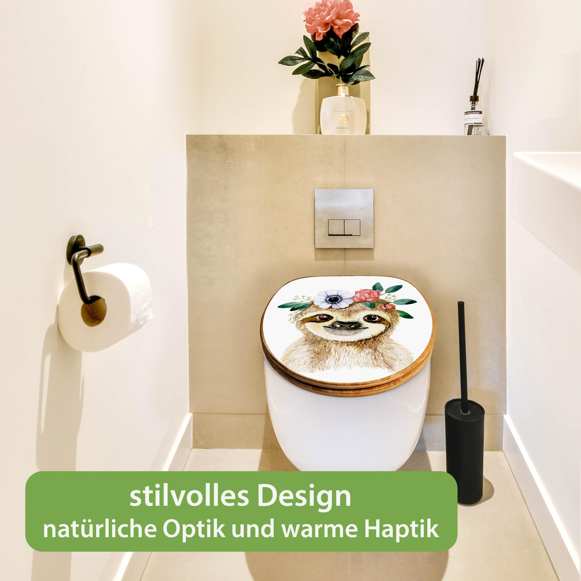 banjado Design WC Sitz Bambus Absenkautomatik 45,8x37,5cm - Toilettendeckel mit Absenkautomatik Holz - hochwertiger Bambus Klodeckel - WC-Sitz für gängigen Toiletten - Motiv Fröhliches Faultier mit Bl