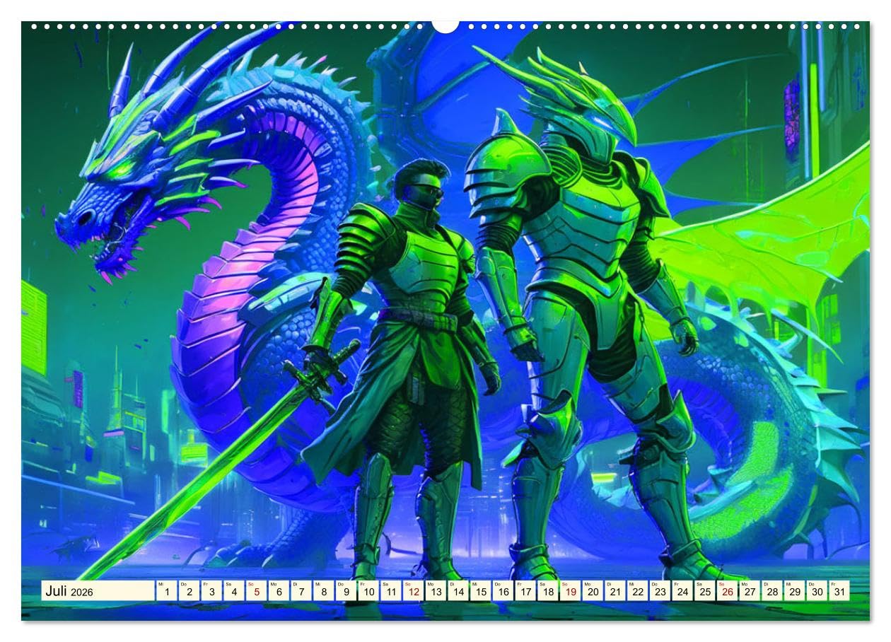 Fantasie - Futuristische Ritter (hochwertiger Premium Wandkalender 2026 DIN A2 quer), Kunstdruck in Hochglanz: Farbexplosionen dank Cyber Punk (CALVENDO Wissenschaft)
