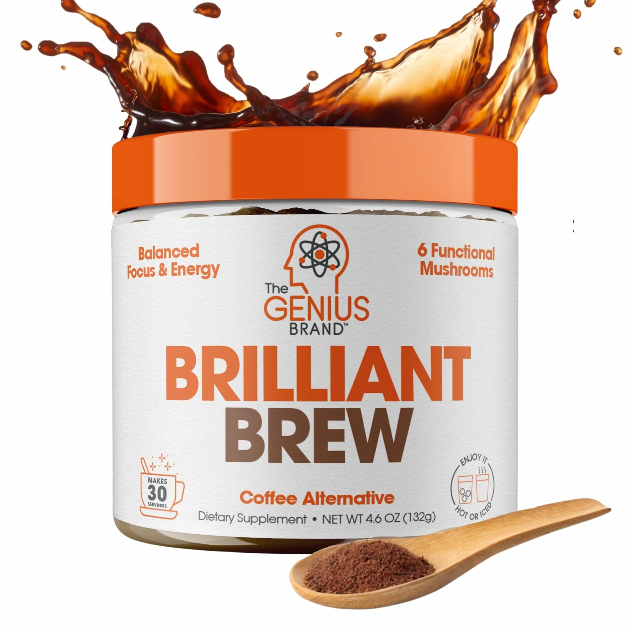 Genius Brilliant Brew, Coffee Alternative- Nootropic Adaptogen Mushroom Coffee Substitute, Zero Sugar, No Preservatives or Artificial Flavors, Non-GMO & Soy-Free