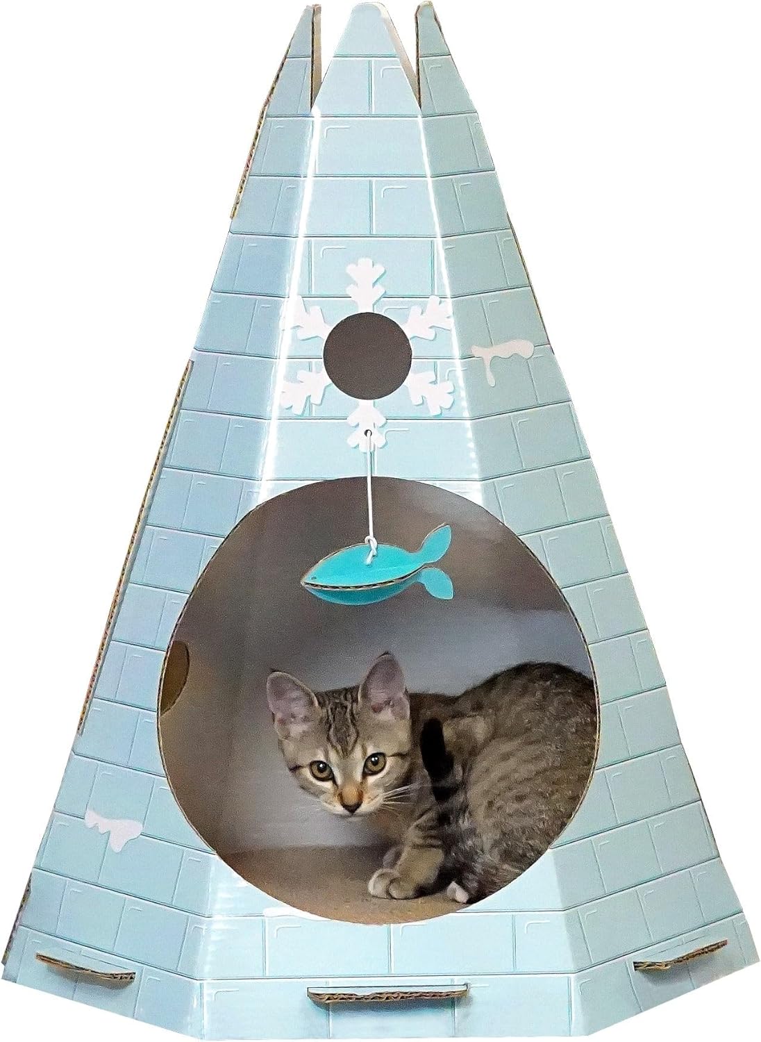 Furhaven Cat Cave Hideout w/ Catnip for Indoor Cats, Ft. Scratching Pad & Toys - Tundra Tent Corrugated Cat Scratcher Hideout - Ice Block Print, One Size