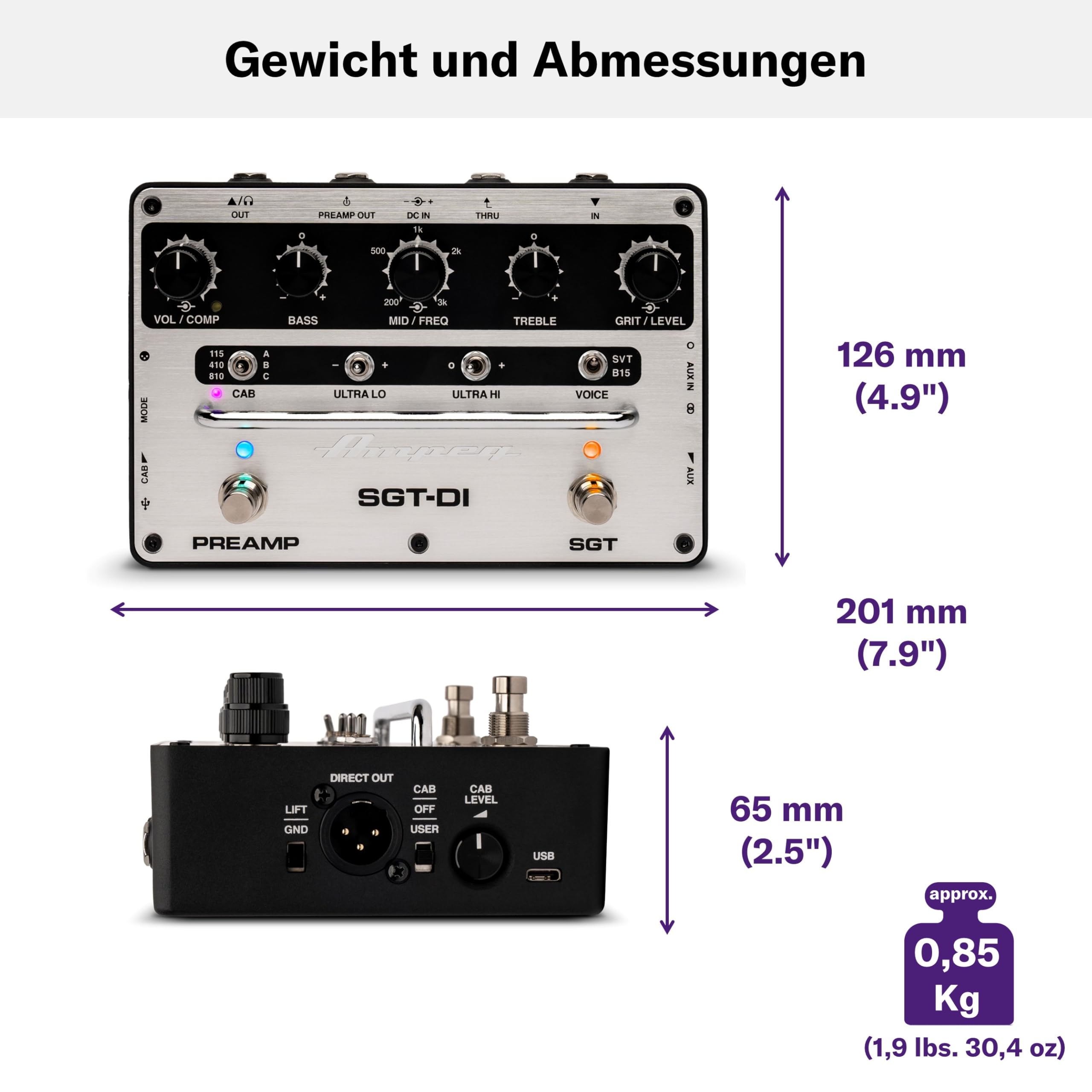 AMPEG SGT-DI Bass Preamp – Fußschaltbarer Ampeg-Preamplifier mit SVT/B15-Voicings, IR Loader, 3-Band-EQ mit durchstimmbaren Mitten, Kompressor und Ultra-Hi/Ultra-Lo-Schaltern – Silber Schwarz