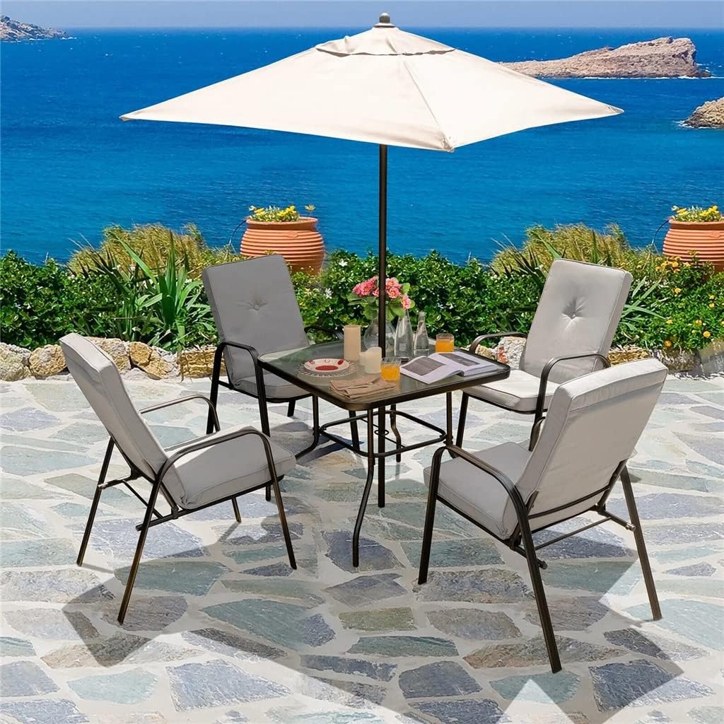 Set of 4 Stackable Patio Dining Chairs High Back Cushions