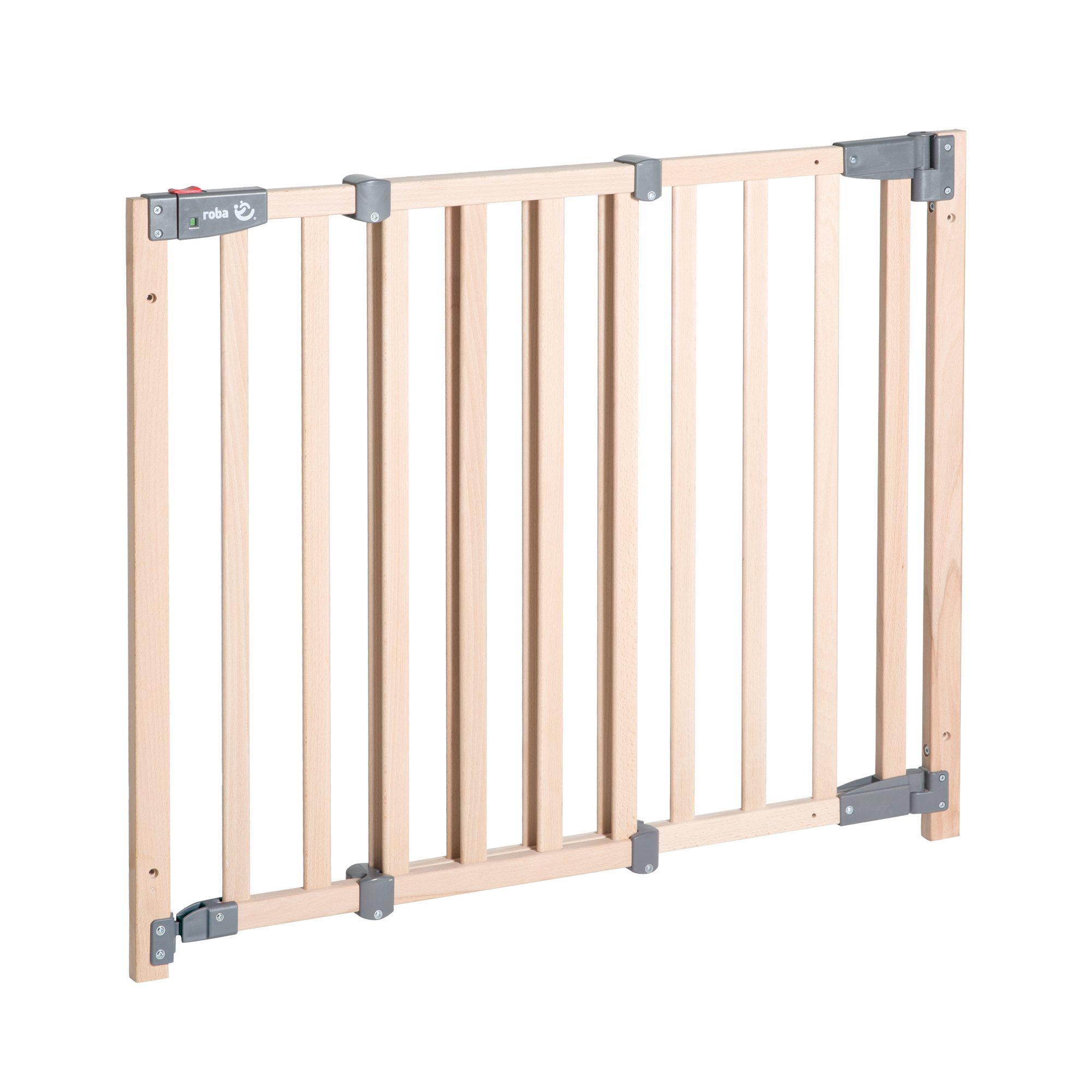 roba Zabezpieczenie drzwiowe Safety Up - Regulowana szerokość 70-118,5 cm - Zabezpieczenie drzwiowe z funkcją sygnalizacji świetlnej do drzwi/schodów - Lite drewno bukowe