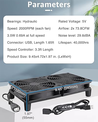 Miniatura 2 de GDSTIME Ventiladores USB duales de 4.724 in y 5 V, ventilador de flujo de aire grande de 102 CFM para router TV Box Micro computadora y otros
