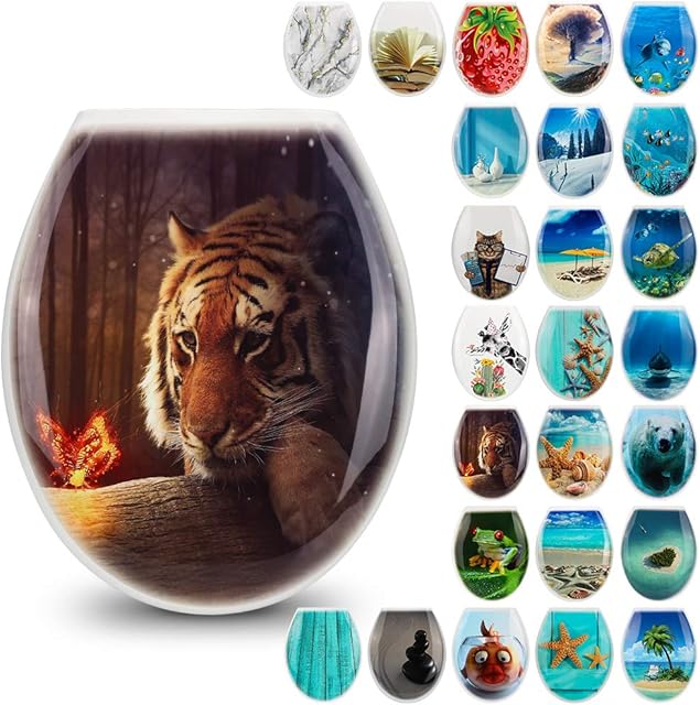 JOTOM Toilet Seat Toilet Seats for Easy to Mount Colorful Patterns Standard Toilet Seats for Bathroom Decor (Tiger and Butterfly)