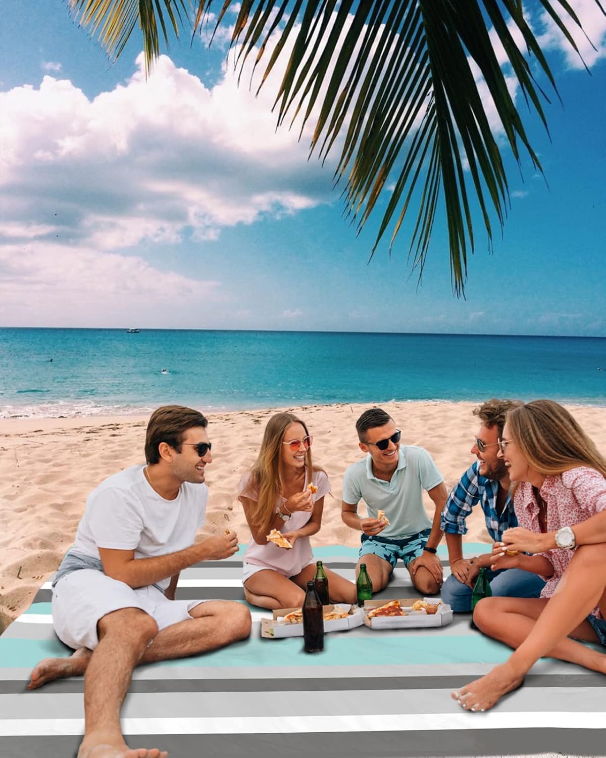 Multicolor Abstract Stripes Beach Blanket Waterproof Sandproof Outdoor Picnic Mat 108"x84" Horizontal Line Lightweight Large Beaach Blankets with 4 Stake & 4 Corner Pockets