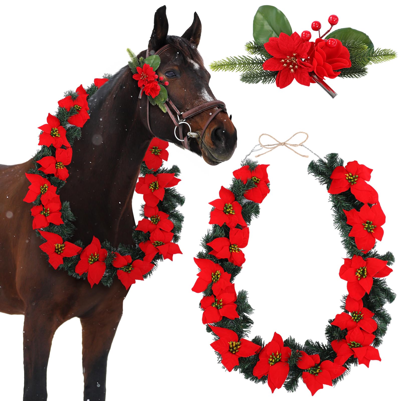 Dansydaisy Weihnachtskranz, Pferd, Halfter, Halfter, Zaumzeug, Clip-Set, 180 cm, künstliche Weihnachtsstern-Girlanden für Urlaubsdekoration, Pferde-Kostüm-Zubehör
