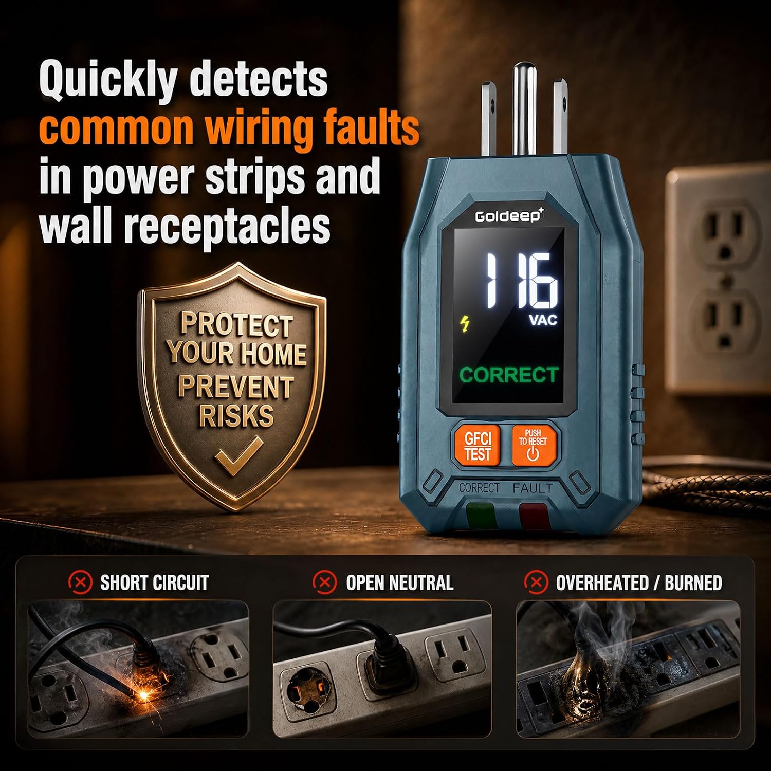 GFCI Outlet Tester for Socket Test Plug Checker for Grounding-Green | with LCD Display、Bottom Indicators、Auto-Hold Function、Automatic shutdown、for home user、electricians、rental room check