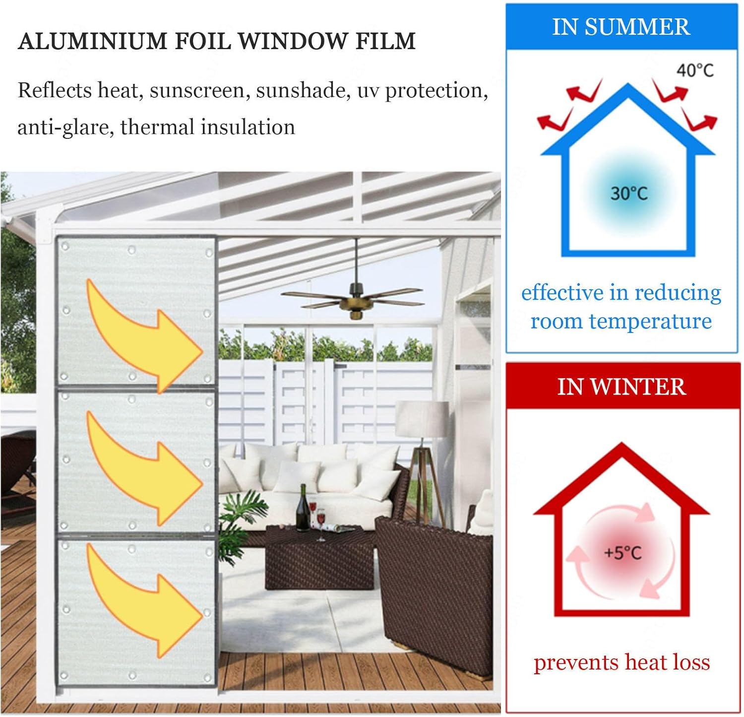Reflective Aluminium Foil Insulation Foil, Sun Protection Blackout Window Film, Privacy Film, Heat Control Anti Uv Window Tint Film, for Home/Office/Balcony,WxH-140x300cm/55 * 118in